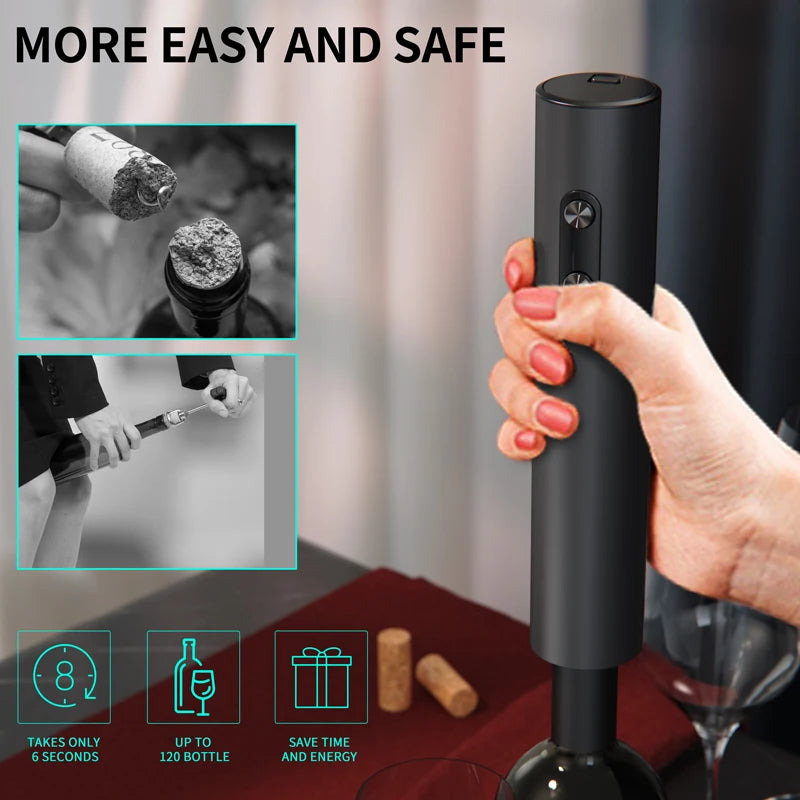 Black electric wine bottle opener held by a hand with text 'More Easy and Safe' and lifestyle images inset.