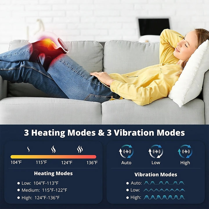 Person relaxing on a couch with a heating pad, showing heating and vibration mode controls.