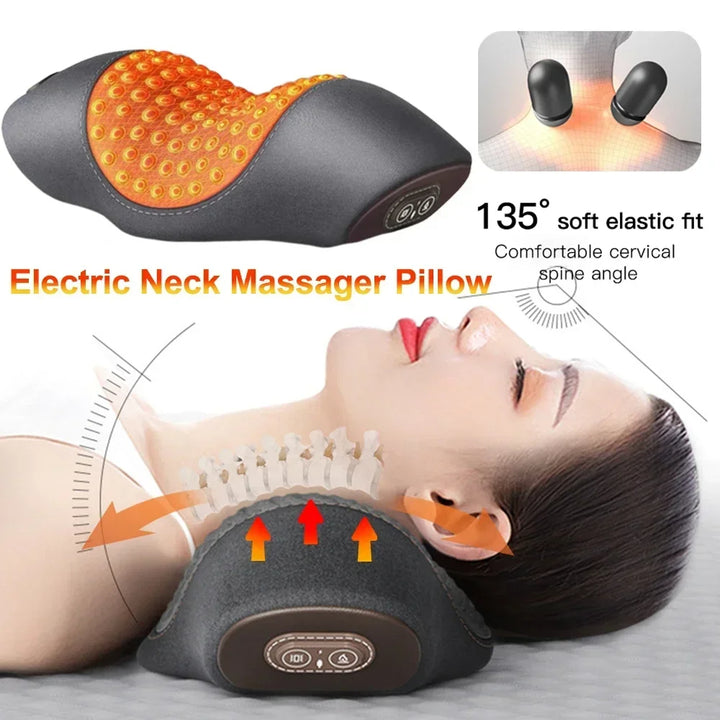 Electric neck massager pillow with massage points and user lying on it.