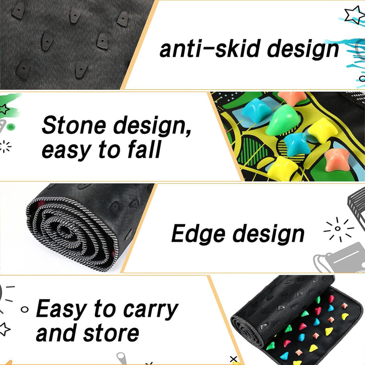 Text description of product features with images of a textured surface, stone design, edge design, and rolled-up product.