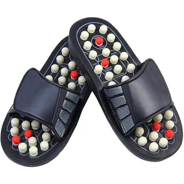 Pair of black massage sandals with acupressure nodes on a white background