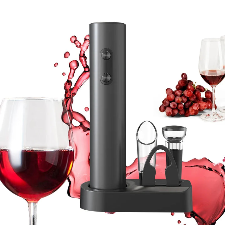 Black wine opener with wine glass, grapes, and wine bottle background
