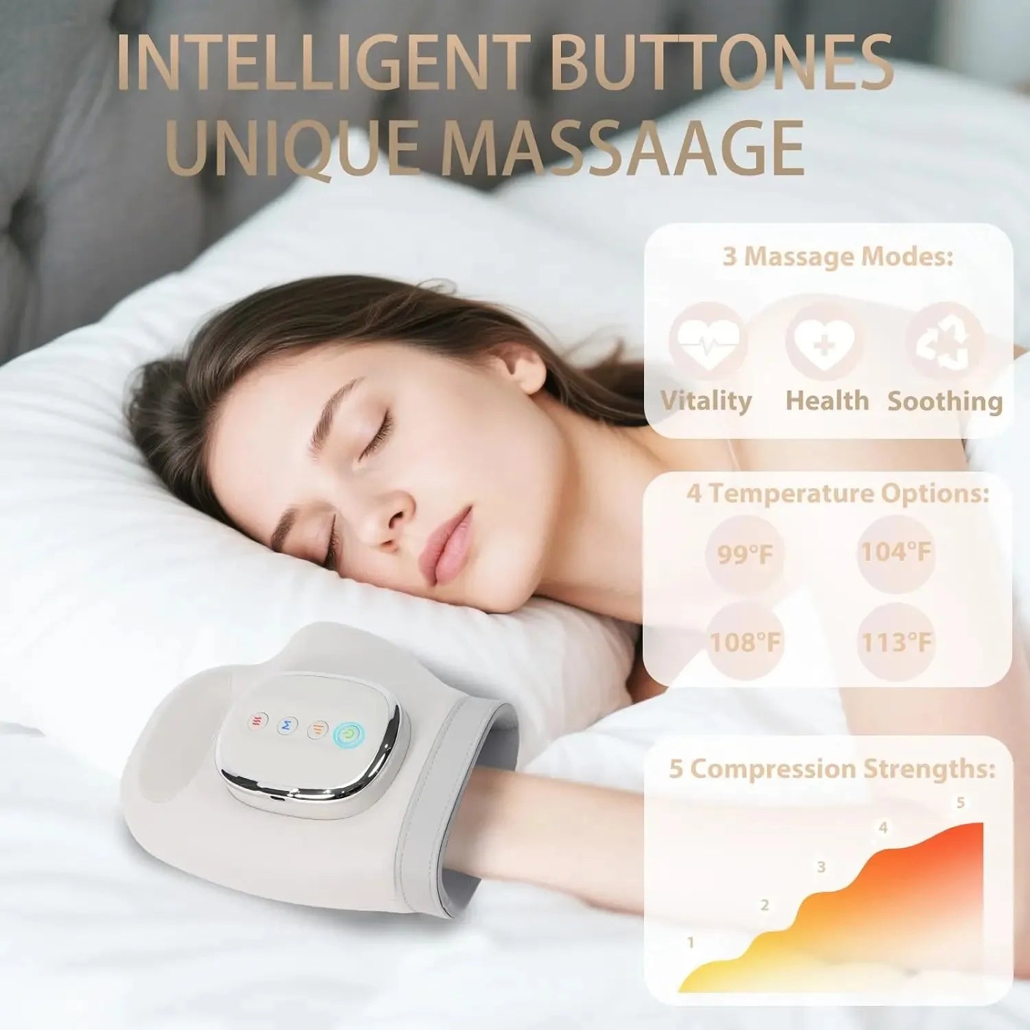Woman sleeping with a massage device on her arm, showing massage mode and temperature options.