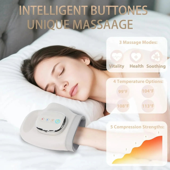 Woman sleeping with a massage device on her arm, showing massage mode and temperature options.