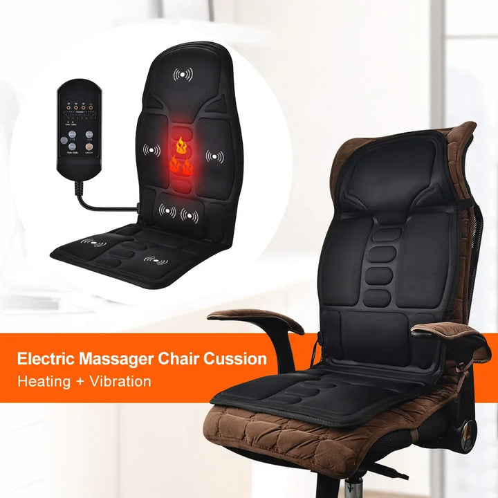Electric massage chair cushion with heating and vibration on a chair, featuring a remote control.