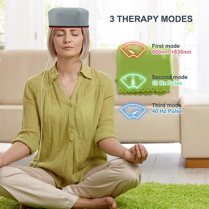 Woman wearing a headband with three therapy modes displayed on a blurred indoor background