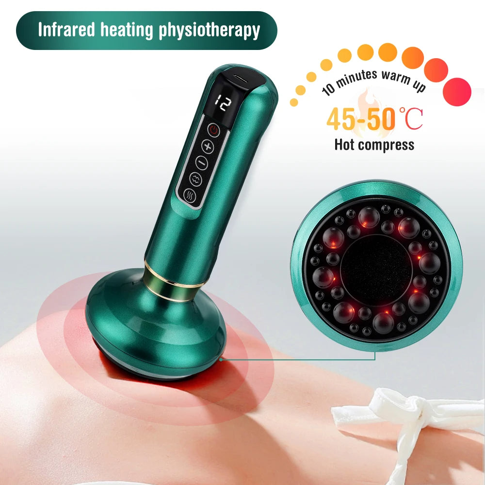Green infrared heating physiotherapy device with digital display on a white background