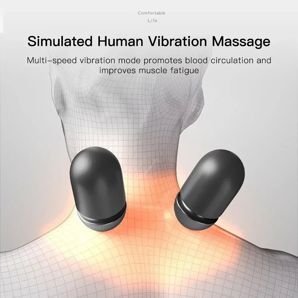 Simulated human vibration massage device with text on comfort and benefits