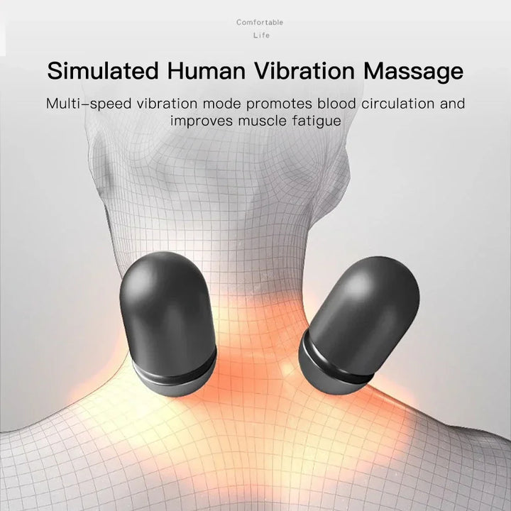 Simulated human vibration massage device with text on comfort and benefits
