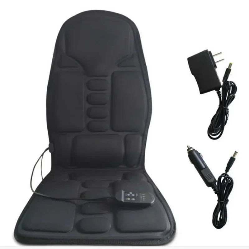 Black massage chair pad with power adapter and cable on a white background