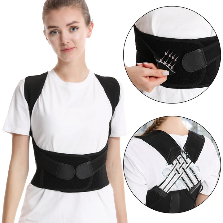 Person wearing a black posture corrector with close-up insets on a white background