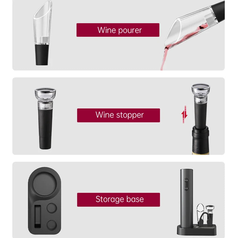 Wine accessories including a wine pourer, wine stopper, and storage base on a white background.