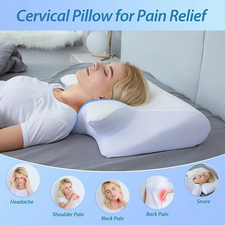 Woman lying on a bed with a cervical pillow for pain relief, showing benefits like headache, shoulder pain, neck pain, back pain, and snore.