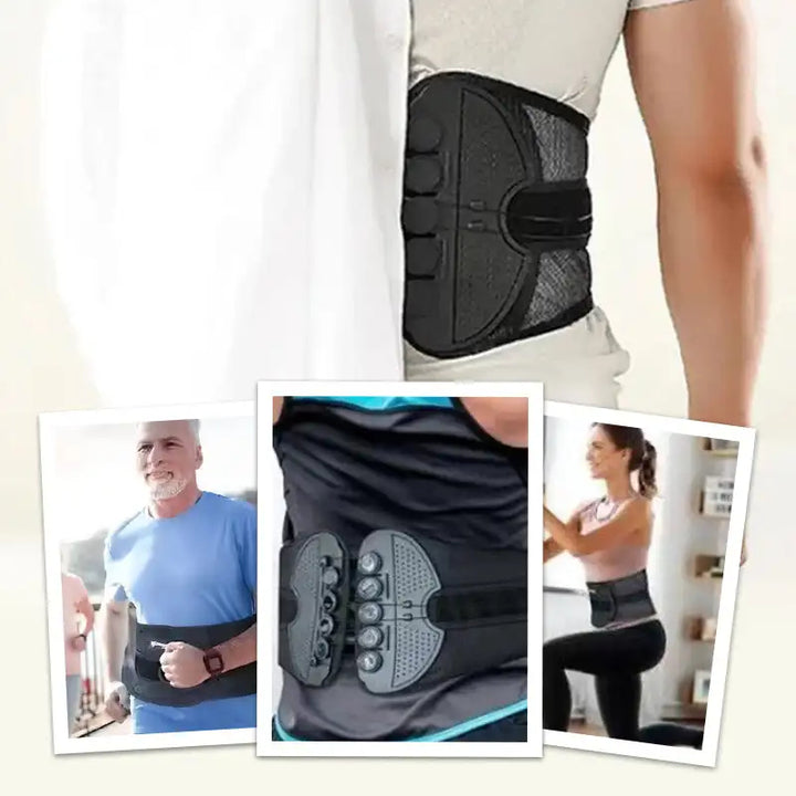 Back support belt with additional images of people wearing it in different settings.