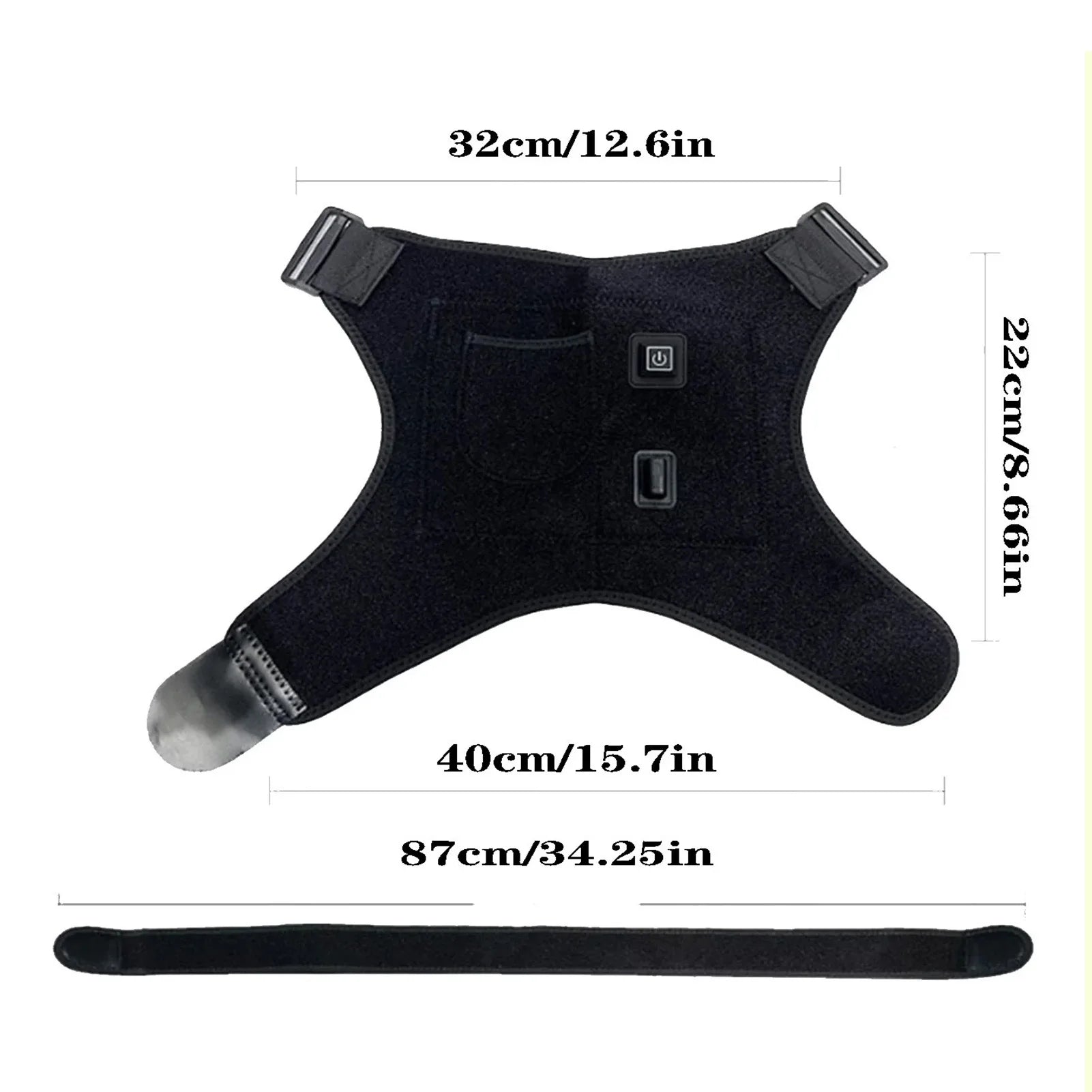 Black sholder harness with measurements on a white background