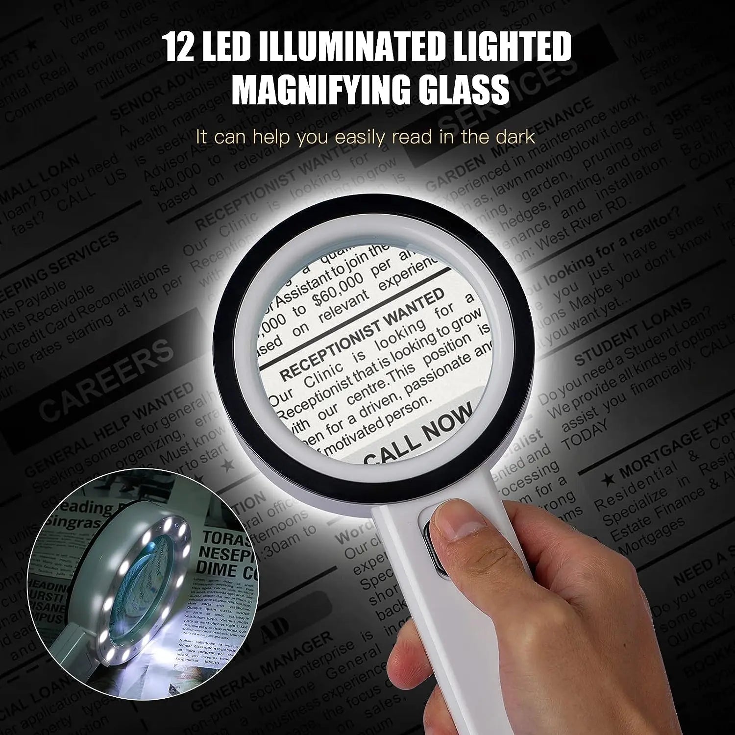 Hand holding a 12 LED illuminated lighted magnifying glass over a newspaper.