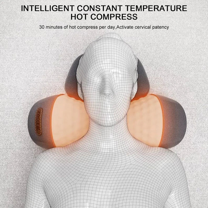 Neck and shoulder massager with text about intelligent constant temperature hot compress on a light gray background