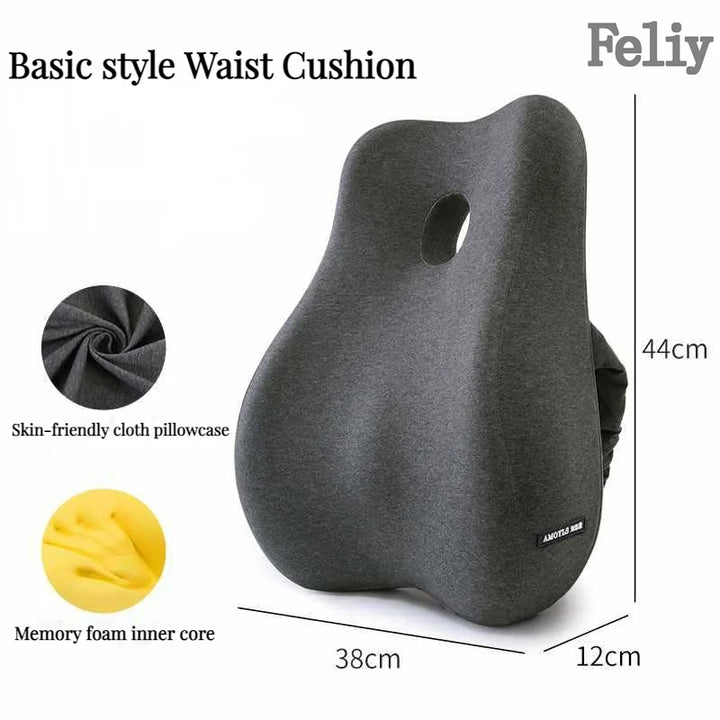 Gray waist cushion with measurements and features on a white background