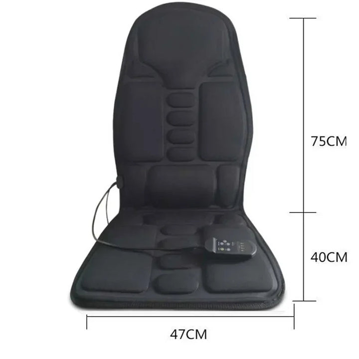 Black massage seat cushion with dimensions on a white background