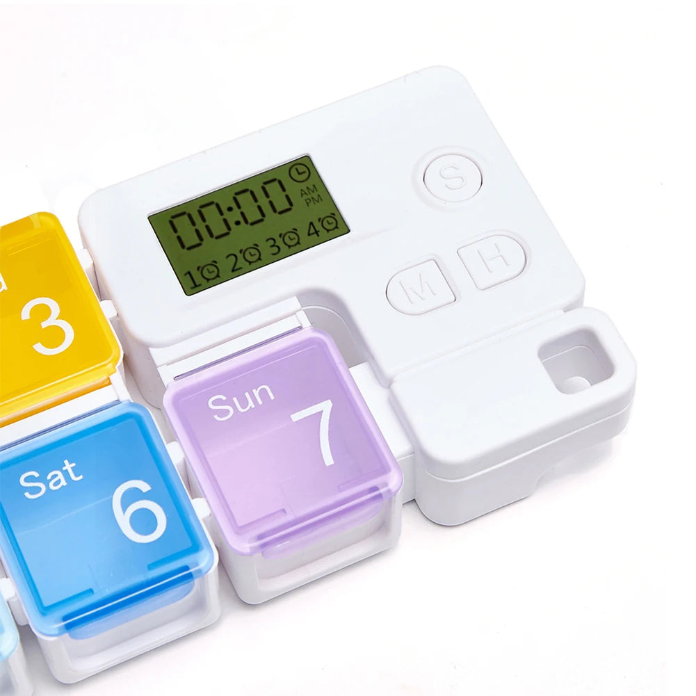 Multicolored pill organizer with digital display on a white background