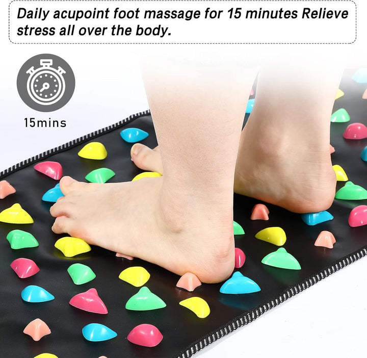Person using a colorful acupressure mat on their feet with text about daily acupoint foot massage.