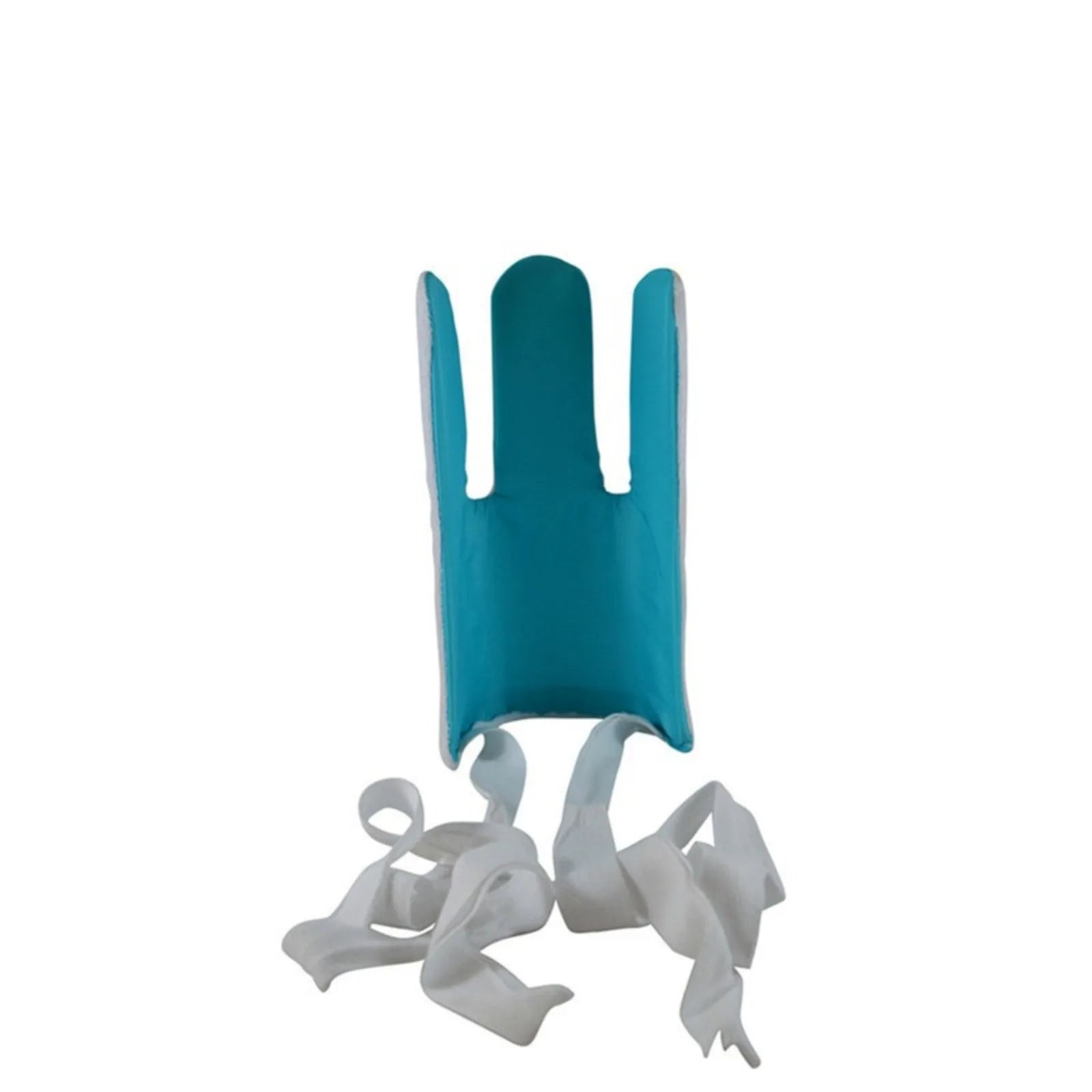 Blue plastic tool with white ribbons on a white background