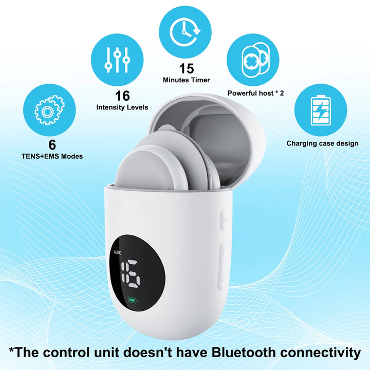 White electronic device with gray components on a blue background, featuring icons and text about features.