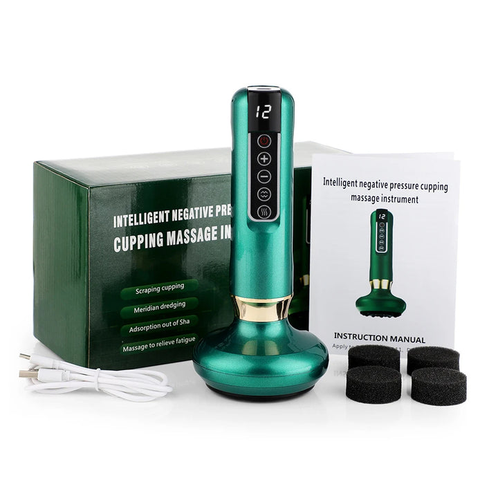 Green massage instrument with packaging and accessories on a white background