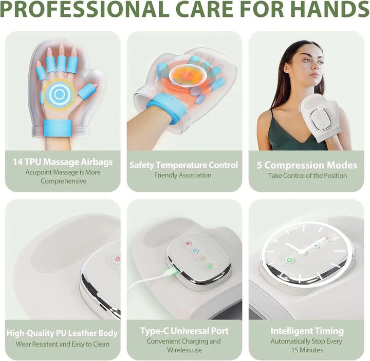 Hand massage device with features highlighted on a green background