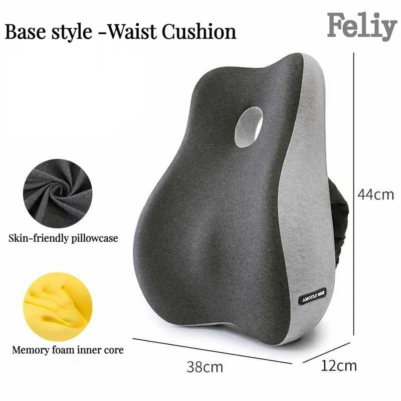 Gray waist cushion with measurements and features on a white background