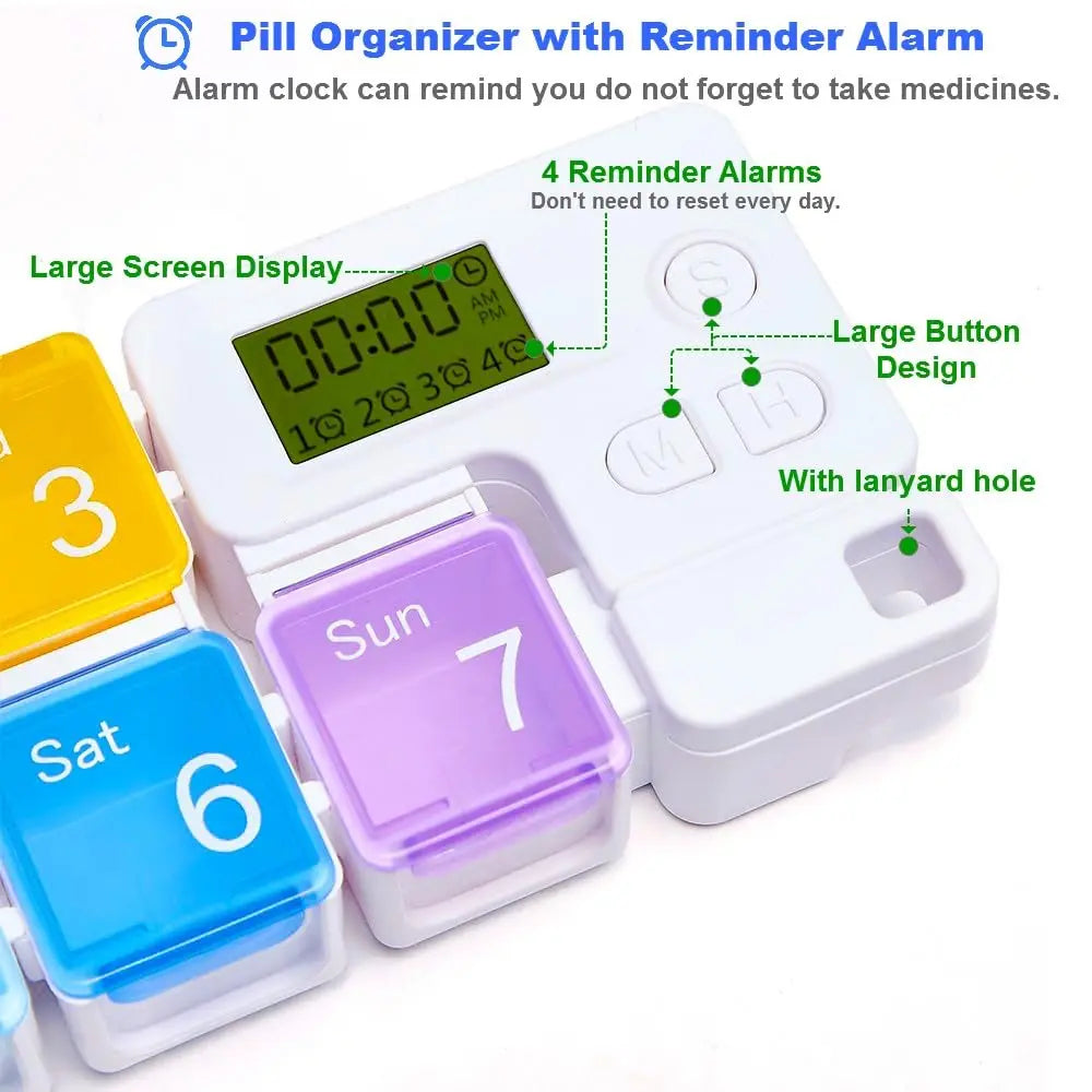 Pill organizer with reminder alarm and colorful compartments on a white background