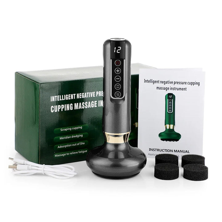 Intelligent negative pressure cupping massage instrument with packaging and accessories on a white background