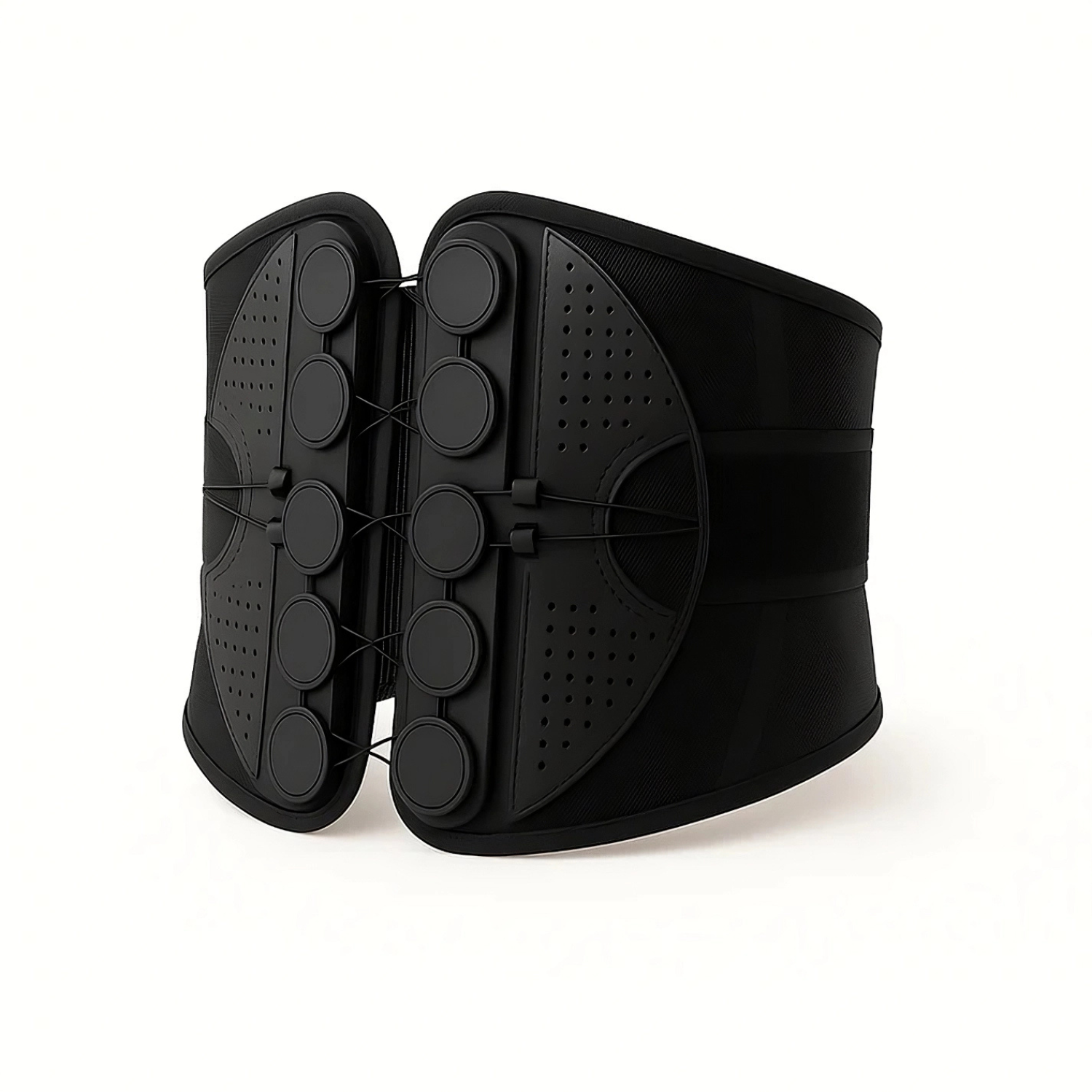 Black waist trainer with multiple straps on a white background