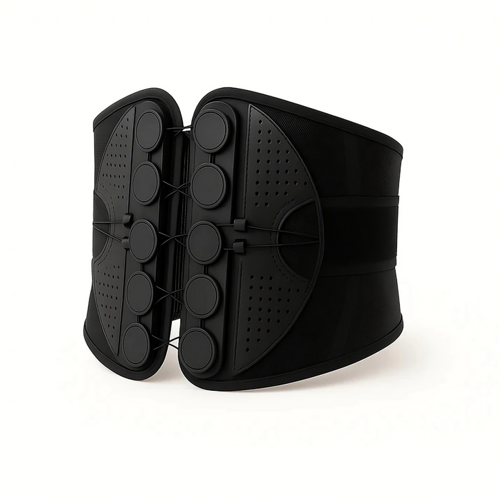 Black waist trainer with multiple straps on a white background