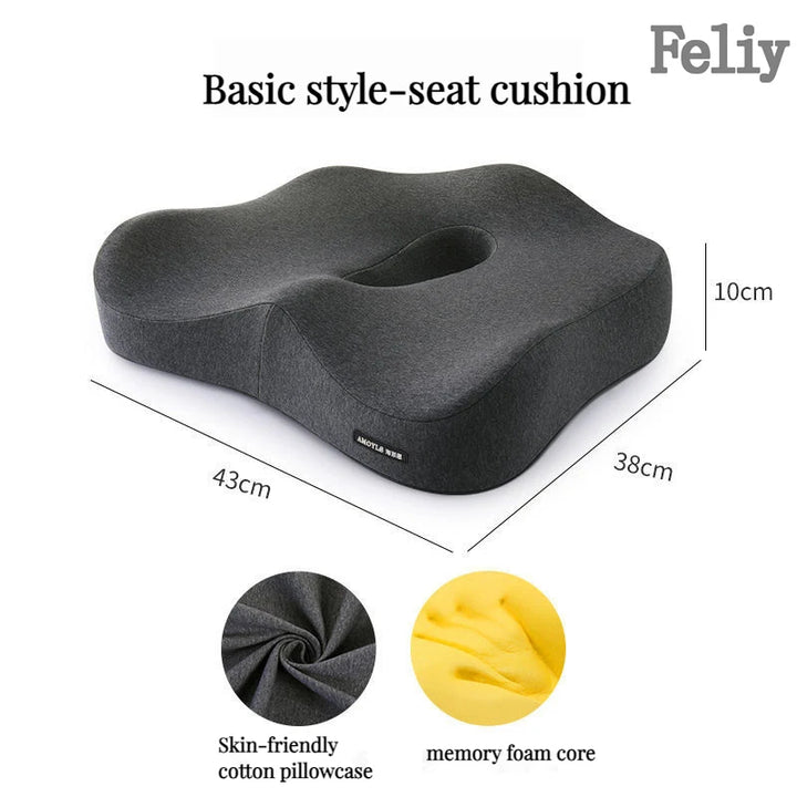 Black seat cushion with dimensions and material details on a white background