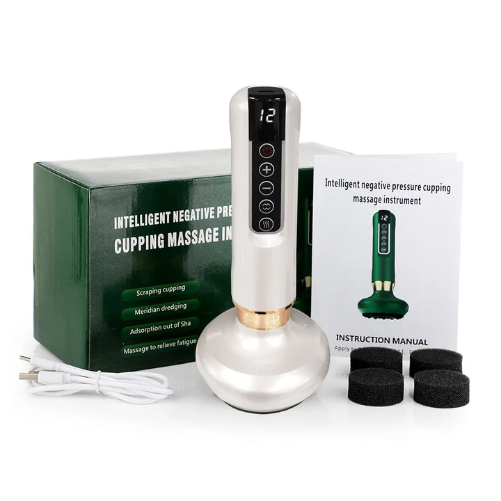 Intelligent negative pressure cupping massage instrument with packaging and accessories on a white background