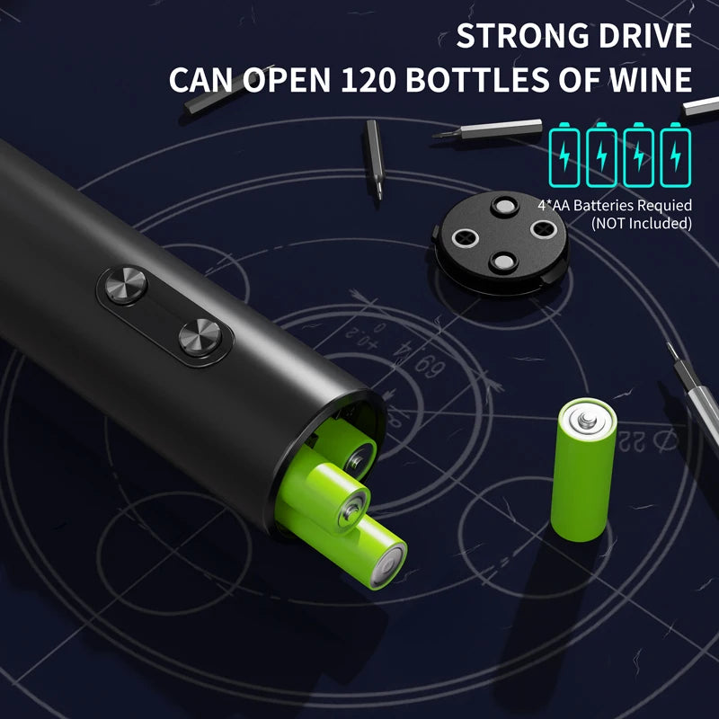 Black and green wine bottle opener with batteries on a dark background