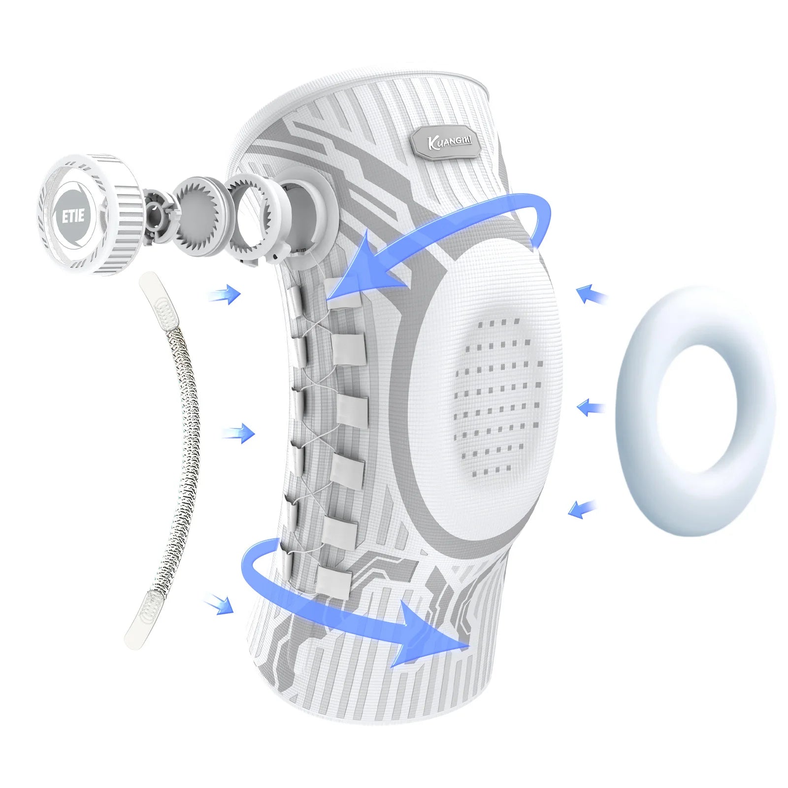 Technical diagram of a knee brace with labeled parts on a white background
