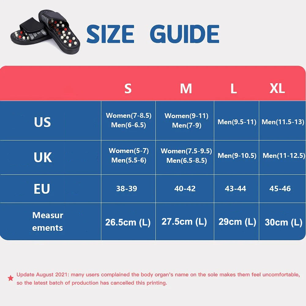 Shoe size guide with measurements for US, UK, and EU standards on a blue and red background.