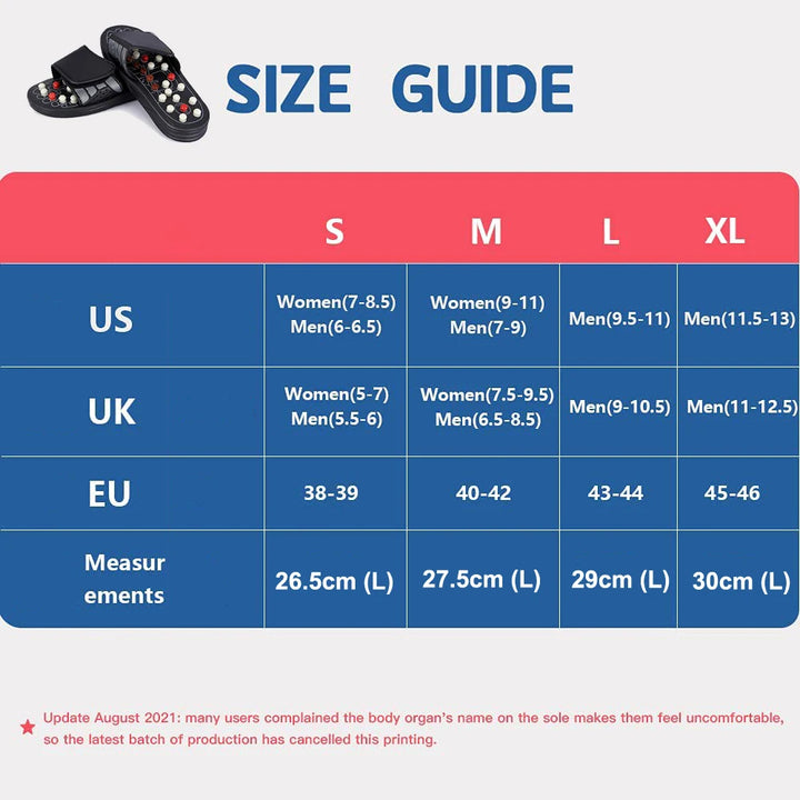 Shoe size guide with measurements for US, UK, and EU standards on a blue and red background.