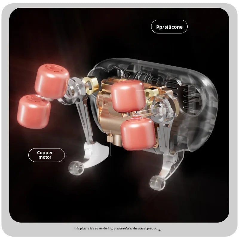 3D rendering of massager components with labeled parts on a dark background