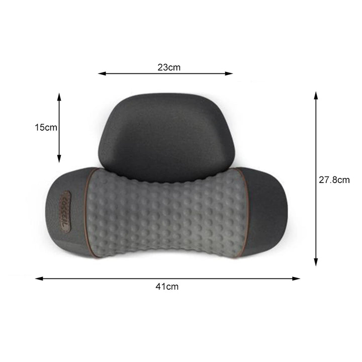 Gray and black neck pillow with measurements on a white background