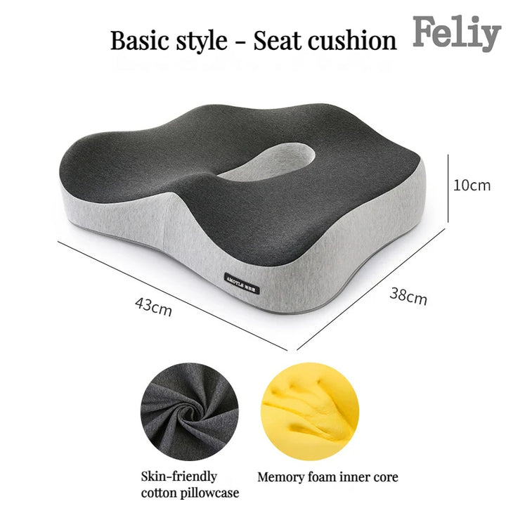 Gray seat cushion with dimensions and material details on a white background