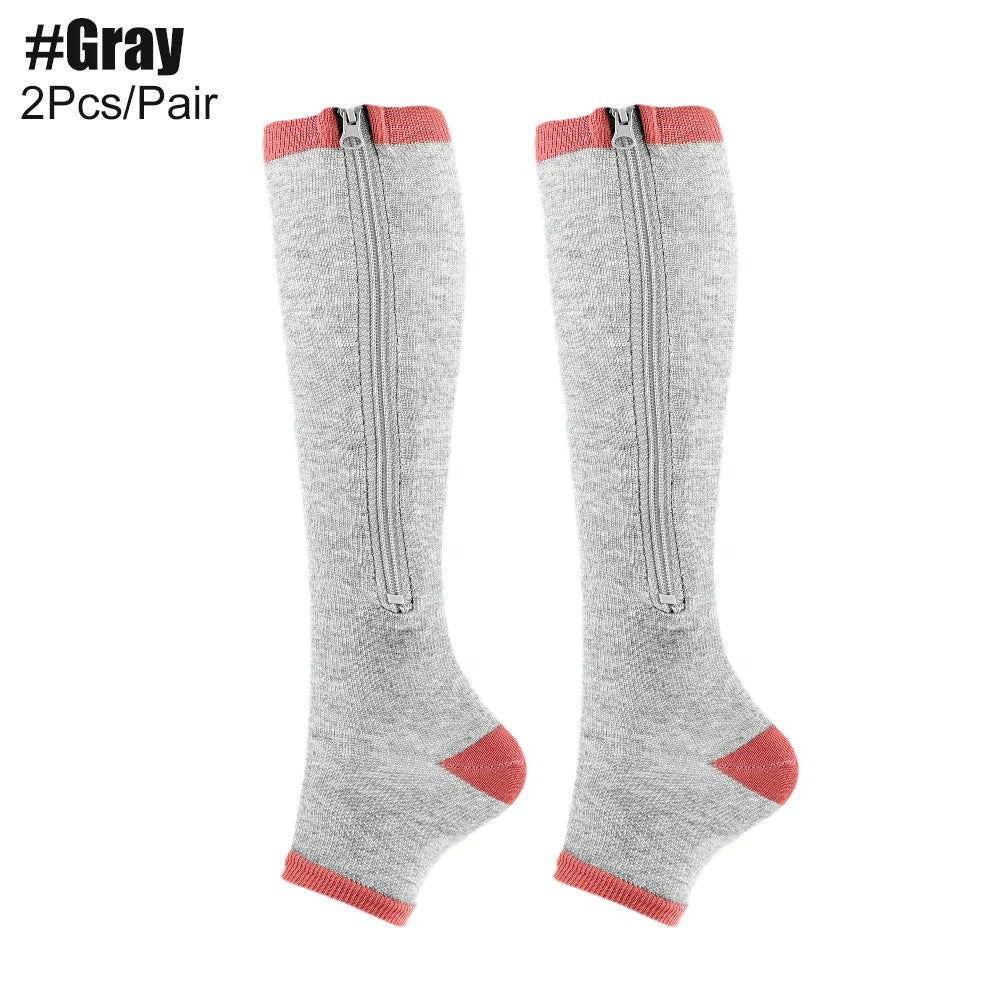 Gray knee-high socks with red accents and zippers on a white background