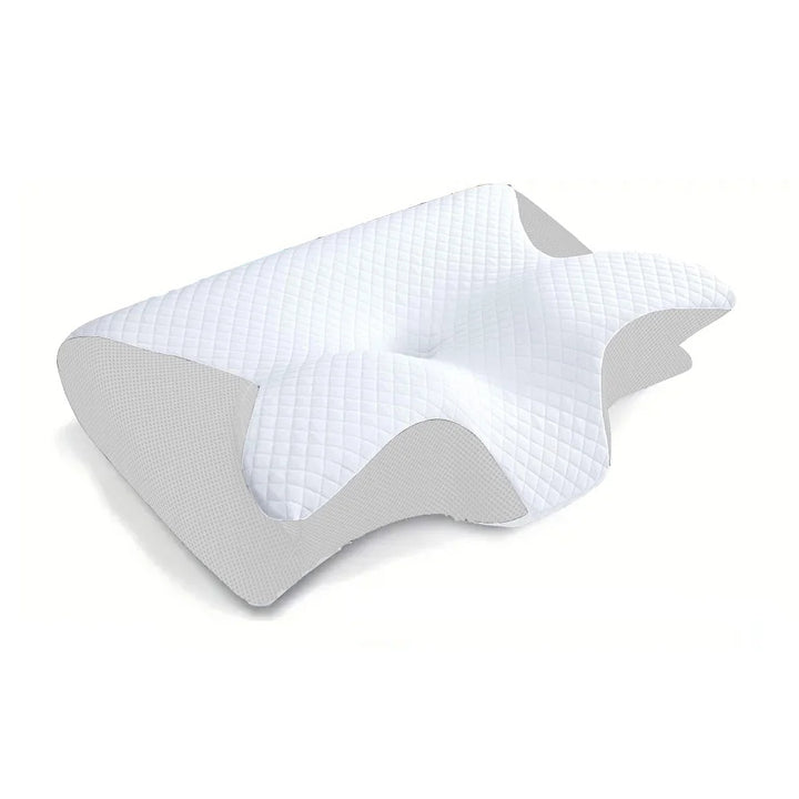 Cushion with a textured white top and gray sides on a white background