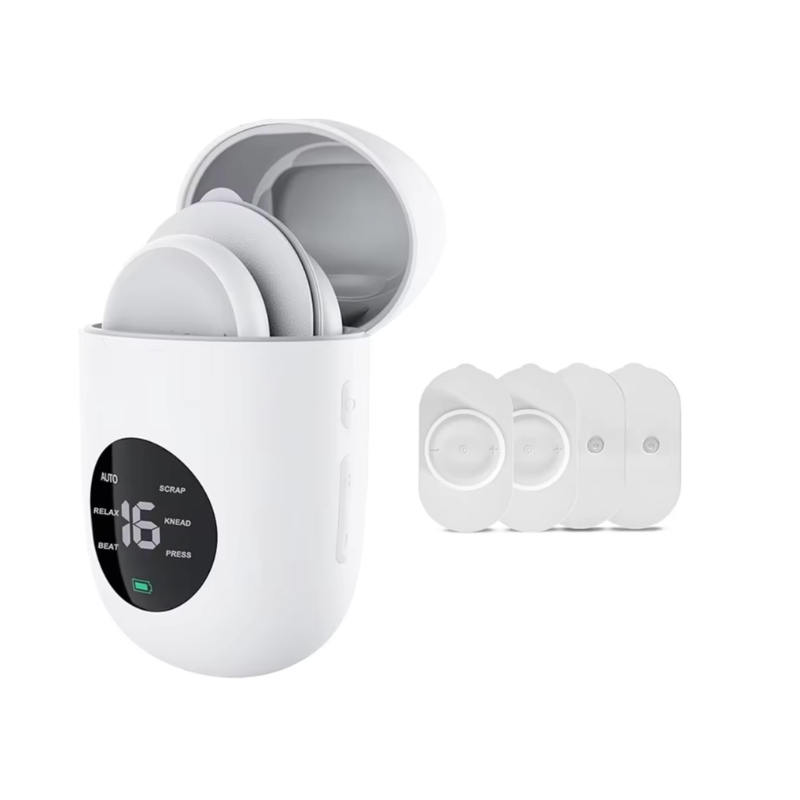White electronic device with digital display and additional components on a white background